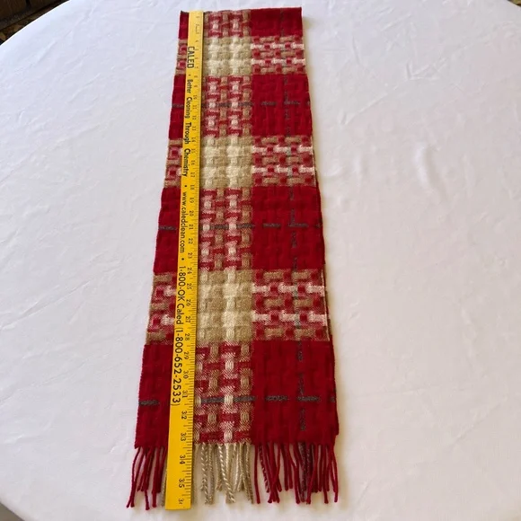 Burberry Merino Cashmere Red, Tan, Cream Plaid Scarf - Picture 7 of 10